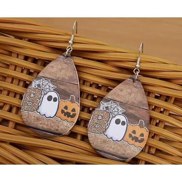 NWT Leather Halloween Pumpkin Ghost Spiderweb Teardrop Dangle Earrings - Picture 3 of 4